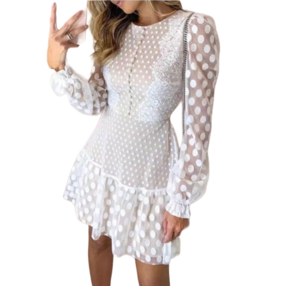 Dresses & Skirts - White lace mini dress polkadot Sze M embroided Long Sleeve party cocktail tiered